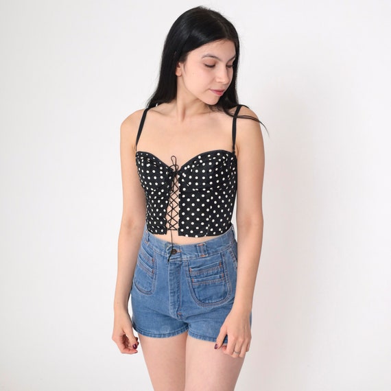 Polka Dot Bustier Top 80s Corset Bra Crop Top Black White Sweetheart Neckline Lace Up Shirt Retro Sexy Summer Vintage 1980s Emil Bole Small