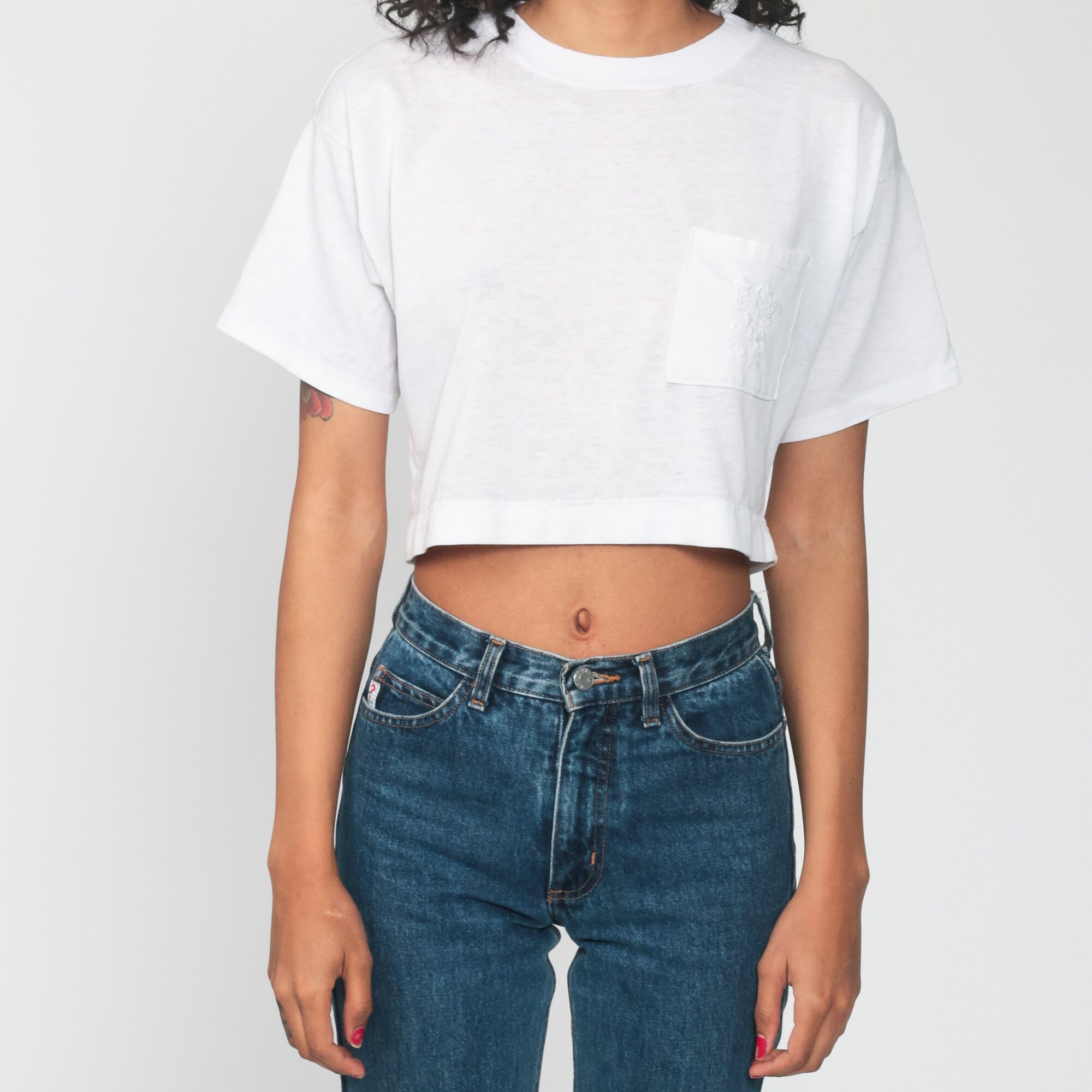 White Crop Top Embroidered Floral Pocket Cropped TShirt Plain TShirt 90s T Shirt Retro Tee