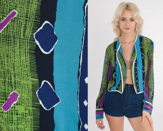 Statement Jacket 90s Open Front Cropped Blazer Striped Geometric Print Blue Green Purple Bohemian Hippie Cardigan Boho Vintage 1990s Medium