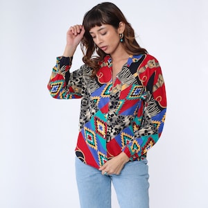 90er Southwest Shirt rot Western Bluse Western Bluse Aztek Rodeo Top 1990s Vintage Langarm Patchwork Medium