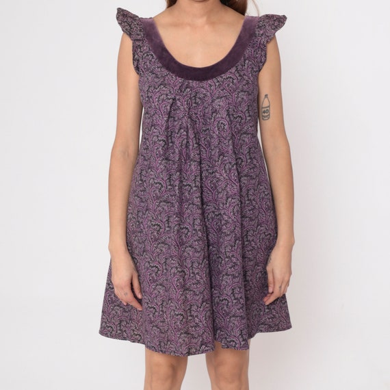 Botanical Sundress 90s Purple Velvet Trim Mini Te… - image 7