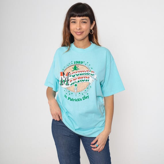 Vintage St Patrick Tshirt McGuire's 5K Run Irish Aqua Blue Green Leprechaun Beer Barrel Clover Graphic Tee March 1989 Stedman Extra Large XL