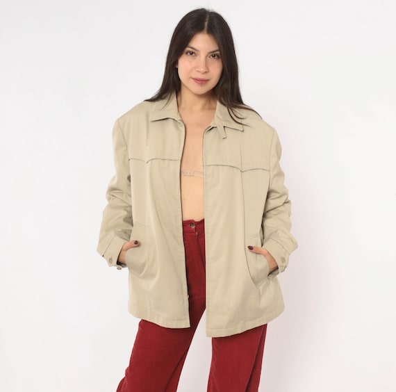 80s Beige Harrington Jacket Western Yoke Pointed Collar Khaki Tan Coat Long Sleeve Sears Workwear Chore Mens Womens Unisex Vintage Large L