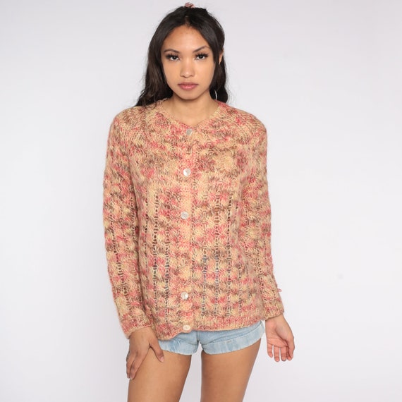 60s Cardigan Sweater Sheer Multicolor Pink Beige Brown Knit Button Up Sweater Retro Boho Hippie Earth Tone Bohemian Vintage 1960s Large L
