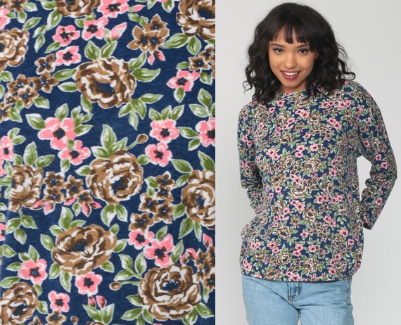 90s FLORAL Shirt Long Sleeve Shirt 90s Grunge Shirt 80s Pink Blue Flower Print Tshirt Vintage Romantic Normcore Medium
