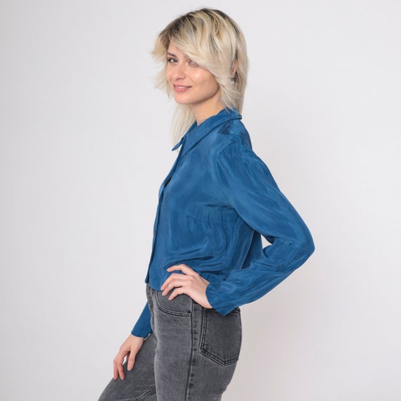 Blue Cropped Blouse 90s Silky Rayon Crop Top Liz … - image 5