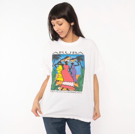 Aruba Souvenir Tee 90s Dutch Caribbean Graphic White Cotton Shirt Tropical Palm Tree Island Travel Tourism Colorful Beach Vacation Large L