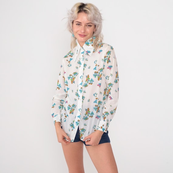 Novelty Animal Print Shirt 70s White Button Down Owl Turtle Cartoon Blue Green Orange Turquoise  Forest Long Sleeve Vintage Small S 34