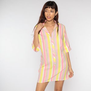 60s Shirt Dress Striped Day Dress Pink Shift Mini Dress Button Up Pastel Yellow Vintage Short Sleeve Shirtdress Button Up 1960s Medium image 4