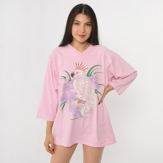 Pink Cockatoo Bird Shirt 90s Three Quarter Sleeve V Neck Vintage Las Vegas Graphic Tropical Souvenir Vacation Tourist Floral Pattern Large L