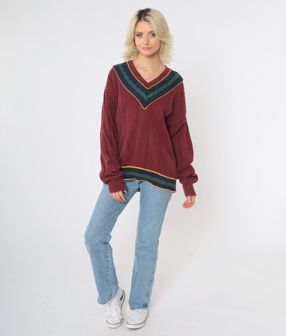 Vintage 90s Cricket Sweater Burgundy Cable Knit V-Neck Collegiate Striped Pullover Preppy Oversized Slouchy Cotton 1990s Academia Large L