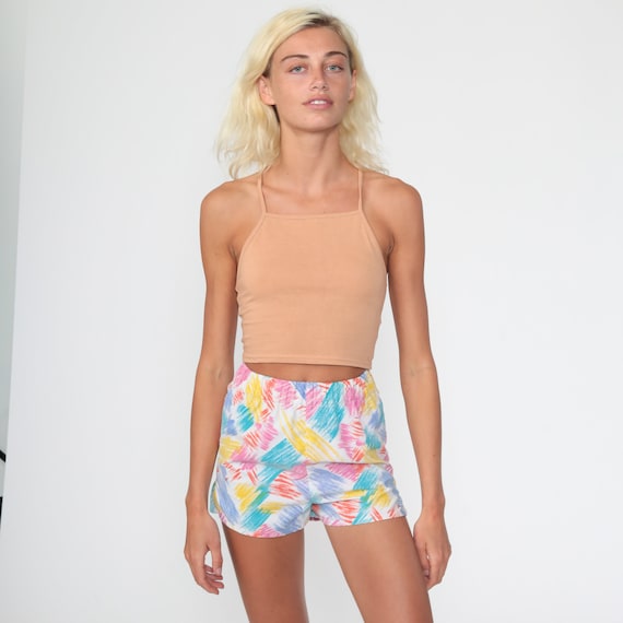 Vintage Brushstroke Shorts xxs 80s Shorts Rainbow Shorts Tropical Summer High Waisted Retro COTTON Vintage 1980s Elastic Waist Hipster 2xs