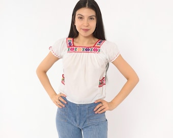 Embroidered Mexican Blouse 80s White Cotton Peasant Top Floral Square Neck Puff Sleeve Shirt Prairie Cottagecore Summer Extra Small XS