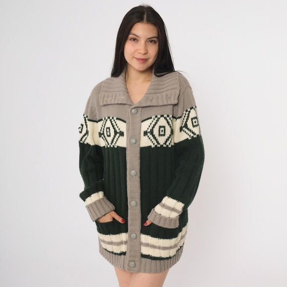 70s Cardigan Sweater Geometric Taupe Green Diamond Pattern Shawl Collar Button Down Cabin Lodge Winter Cozy Rustic Forest Woodland Large L