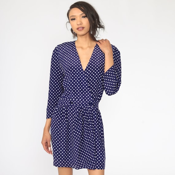80s Mini Dress Navy Blue Polka Dot Button Up Dress Secretary Wrap V Neck 1980s Long Sleeve Vintage Retro Preppy Small