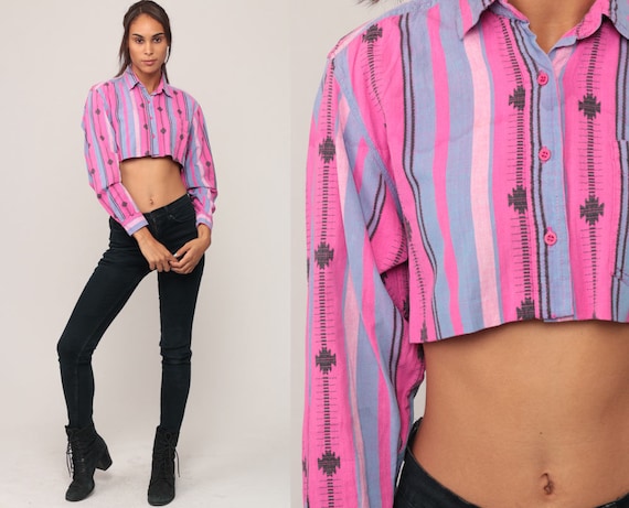 Southwest Shirt Tribal Shirt Crop Top Button Up 80s Southwestern Blouse WRANGLER Shirt Vintage Boho Long Sleeve Hot Pink Blue Small Medium