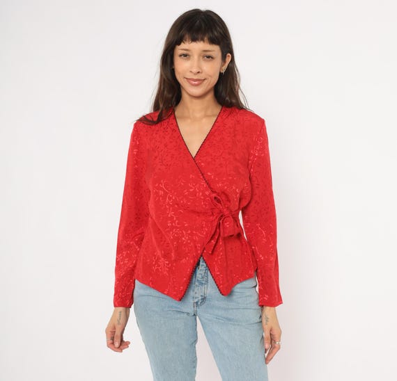Red Jacquard Wrap Blouse 90s Floral Embossed Satin Side Tie Crimson Peplum Top Scarlet Damask Cherry Feminine Vine Print Vintage Small S