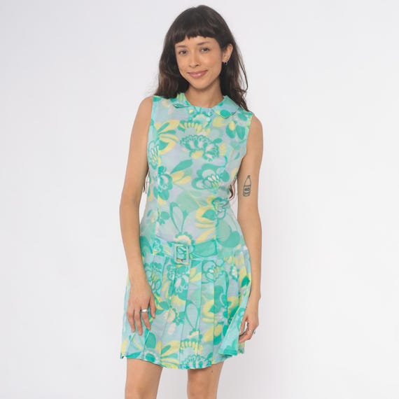60s Mod Dress Turquoise Floral Print Belted Knee Length Sleeveless Peter Pan Collar Pleated Skirt Yellow Green Pastel Drop Waist Small S