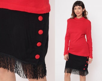 80s Color Block Dress Fringe Red Black Midi Long Sleeve Mock Neck 1980s Sheath Dress Vintage 1980s Drop Waist Retro Button Skirt Small S