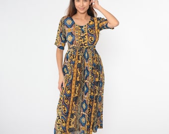 Vintage 90s Geometric Dress Bold Horse Pattern Button Up Midi Boho Dress Rayon Abstract Animal Print Short Sleeve Yellow Blue Small S