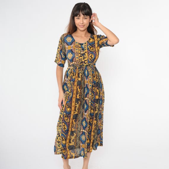 Vintage 90s Geometric Dress Bold Horse Pattern Button Up Midi Boho Dress Rayon Abstract Animal Print Short Sleeve Yellow Blue Small S