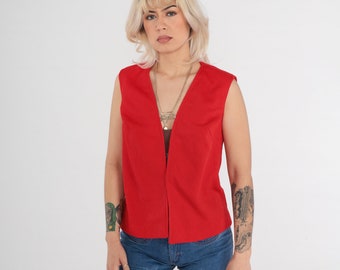 Jaren 70 vest met open voorkant vintage rood vest Boho hippievest mouwloos vest jaren 70 Boho festival polyester gebreid vest klein s