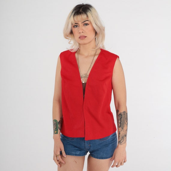 70s Open Front Vest Vintage Red Vest Boho Hippie Vest Sleeveless Jacket 1970s Bohemian Festival Polyester Knit Vest Small S