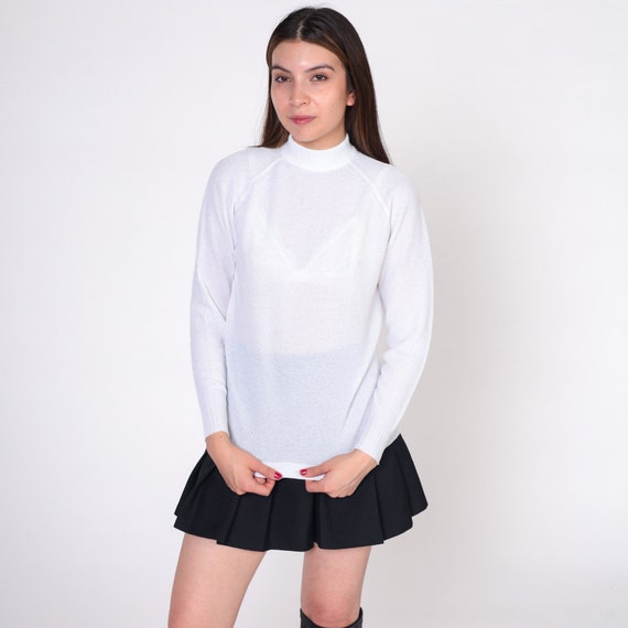 White Mock Neck Top 70s Polyester Knit Shirt 1970s Plain Blouse Vintage Long Raglan Sleeve Shirt Basic Top Seventies Small 34