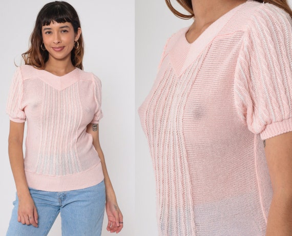 Baby Pink Knit Shirt 80s Puff Sleeve Sweater Top Retro Textured Stripe Semi-Sheer Basic Pastel Girly Vintage 1980s Extra Small xs
