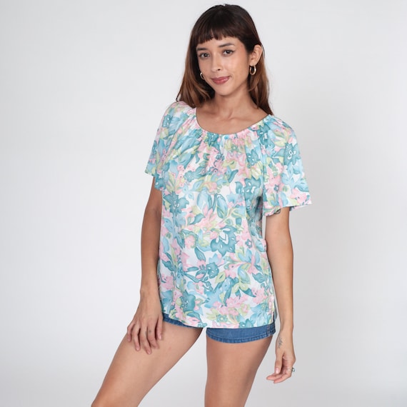 70s Floral Top Tropical Peasant Blouse Hippie Shirt Boho Flutter Sleeves Flower Print 1970s Bohemian Raglan Shirt Vintage Small Medium