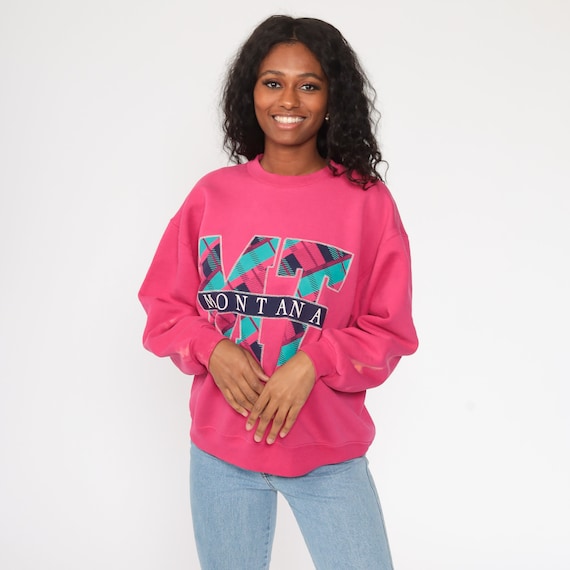 Montana Sweatshirt -- Hot Pink Shirt 90s Montana Tech Shirt Graphic Sweatshirt Jerzees Sweatshirt Distressed Vintage 80s Shirt Medium Large