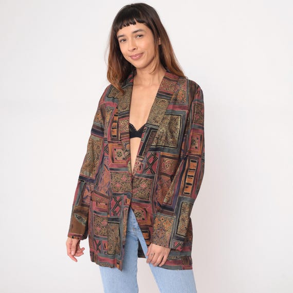90s Patchwork Blazer Paisley Southwestern Brown Burgundy Gold Ornate Geometric Print Vintage Lightweight Jacket Cardigan Medium M