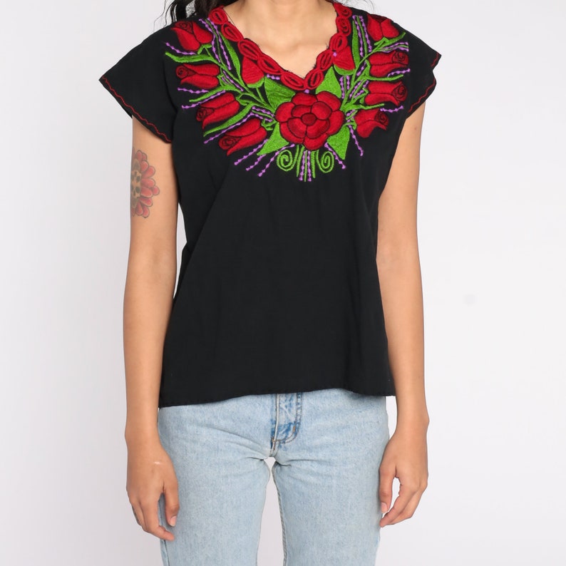 Black Embroidered Blouse Mexican Top Y2K Floral Rose Print Cotton Top Boho Hippie Shirt 00s Bohemian Vintage Tent Shirt Summer Small S image 6