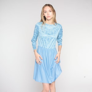 Sukienka mini w stylu vintage w kolorze niebieskim z lat 70. z nadrukiem liści, z długim rękawem, z wysokim stanem, prosta formalna sukienka mini w pastelowych kolorach, koktajlowa, z lat 70., w rozmiarze S