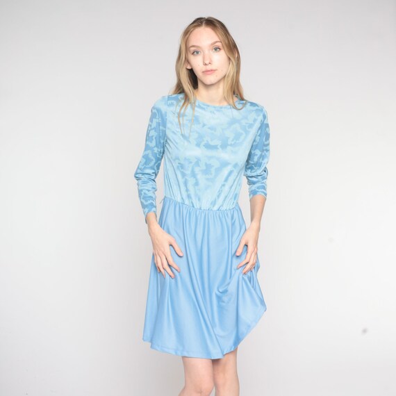 Vintage Blue Mini Dress 70s Embossed Leaf Print Party Dress Long Sleeve High Waist Simple Formal Minidress Pastel Cocktail 1970s Small S