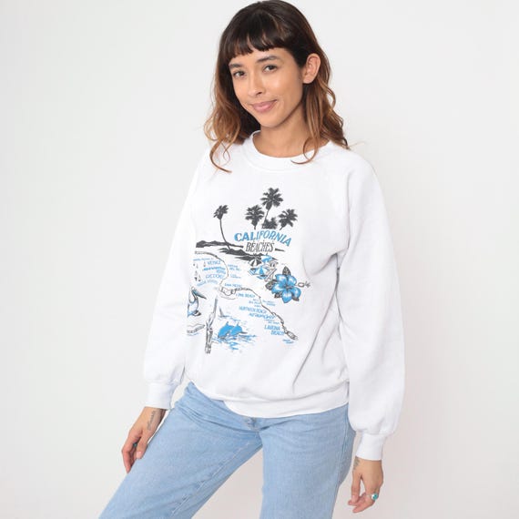 California Beaches Sweatshirt 90s White Map Tourist Souvenir Cotton Palm Trees Hibiscus Pelican Long Beach Malibu Medium M