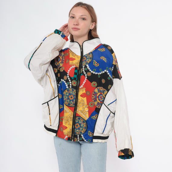 Colorblock Baroque Windbreaker 90s Chain Checkerboard Paisley Track Jacket White Sleeves Black Blue Yellow Red Bold Maximalist Large L