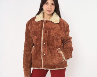 70s Suede Leather Jacket Brown Snap Front Shearling Lined Trucker Coat Chest Pocket Western Sherpa Rancher Cowboy Winter Vintage Medium M