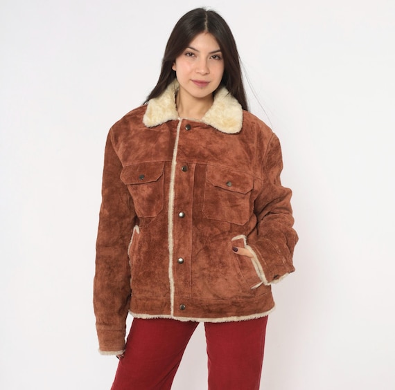 70s Suede Leather Jacket Brown Snap Front Shearling Lined Trucker Coat Chest Pocket Western Sherpa Rancher Cowboy Winter Vintage Medium M