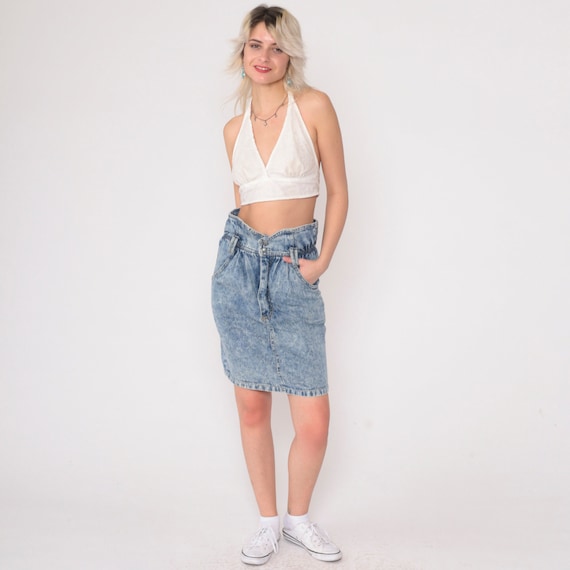 80s Acid Wash Jean Skirt Denim Mini Skirt Jeans Blue Shirred High Waisted Skirt Retro Vintage 1980s Pencil Skirt Wiggle Extra Small xs