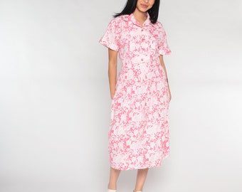 Bloemen midi-jurk jaren 80 jaren 90 roze witte bloemenjurk button-up boho shirtdress jaren 90 hoge taille boho romantische korte mouw medium 8