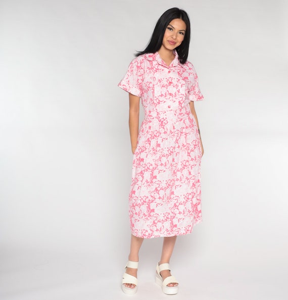 Floral Midi Dress 80s 90s Pink White Flower Dress Button Up Boho Shirtdress 1990s High Waist Bohemian Romantic Short Sleeve Medium 8