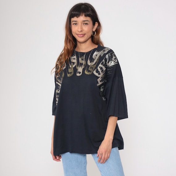 Vintage Metallic Paint Splatter Shirt 90s Black Oversized T-Shirt Abstract Print Spin Art Graphic Tee Hippie Psychedelic 1990s OS S M L