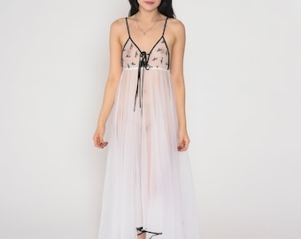 Sheer White Nightgown 70s Lingerie Slip Dress Embroidered Love Long Babydoll Sleeveless Empire Waist Nightie Boho Vintage 1970s Small Medium