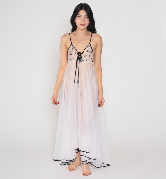 Sheer White Nightgown 70s Lingerie Slip Dress Embroidered Love Long Babydoll Sleeveless Empire Waist Nightie Boho Vintage 1970s Small Medium