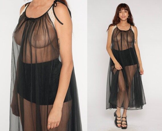 Sheer Black Nightgown Lingerie 70s Racerback Lace Trim Nightie Slip Dress Nylon Boho Midi Vintage Tent Lolita Medium