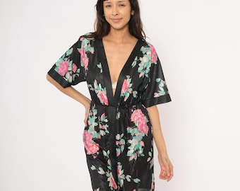 80s Floral Kimono Robe Black Pink Teal Rose Tie Waist Deep Short Sleeve Semi Sheer Striped Satin Trim Duster Coverup Housecoat One Size OS