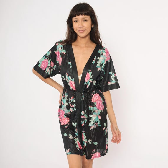 80s Floral Kimono Robe Black Pink Teal Rose Tie Waist Deep Short Sleeve Semi Sheer Striped Satin Trim Duster Coverup Housecoat One Size OS