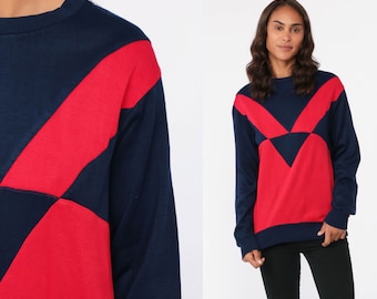 Color Block Sweatshirt 80s Navy Blue Sweater Retro Sweatshirt Red Slouchy Pullover Color Block Shirt Vintage 1980s Sportswear Small