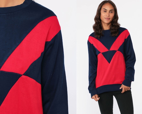 Color Block Sweatshirt 80s Navy Blue Sweater Retro Sweatshirt Red Slouchy Pullover Color Block Shirt Vintage 1980s Sportswear Small